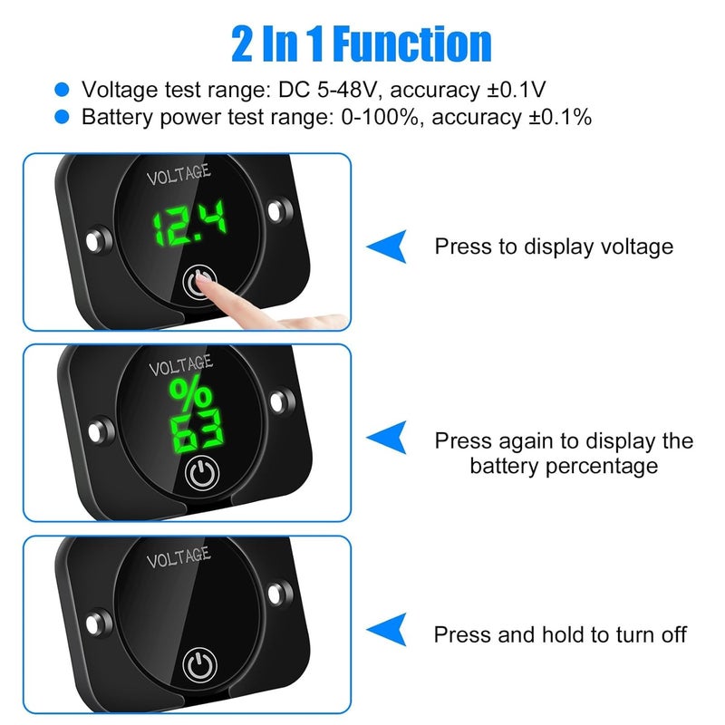 Linkstyle مقياس جهد البطارية، مقياس فولت DC 12V 24V، مقياس جهد رقمي LED، مقياس فولت مقاوم للماء مع مفتاح لمسي للسيارة، RV، الدراجة النارية، القارب، عربة الجولف - Image 2